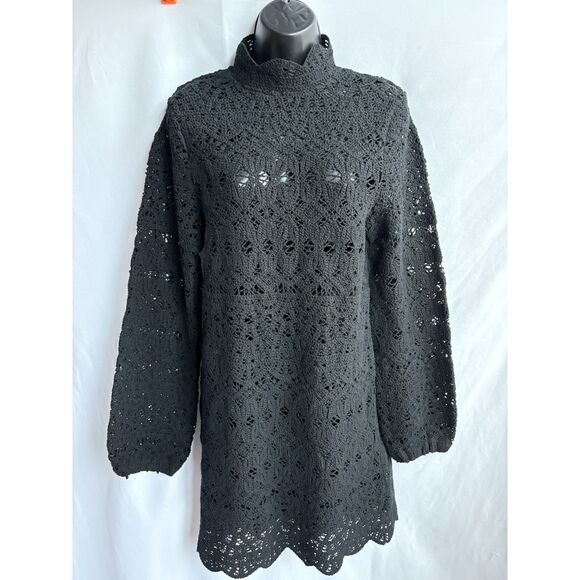 Birch NY NWT Black Knit Layered Dress L Essential Sweater Eyelet M Mock Neck - Picture 1 of 12